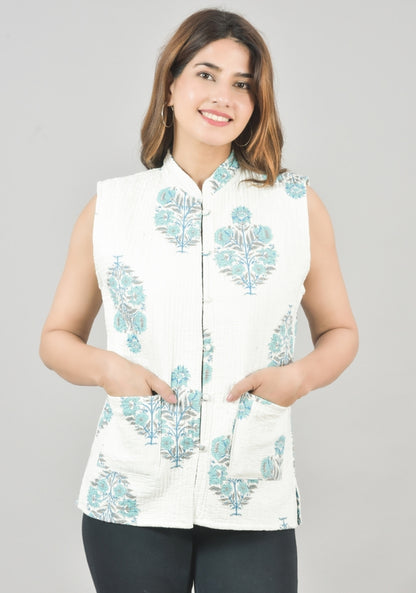 Reversible Cut Sleeves Cotton Block Printed Quilted Jacket White and Sky Blue-49263