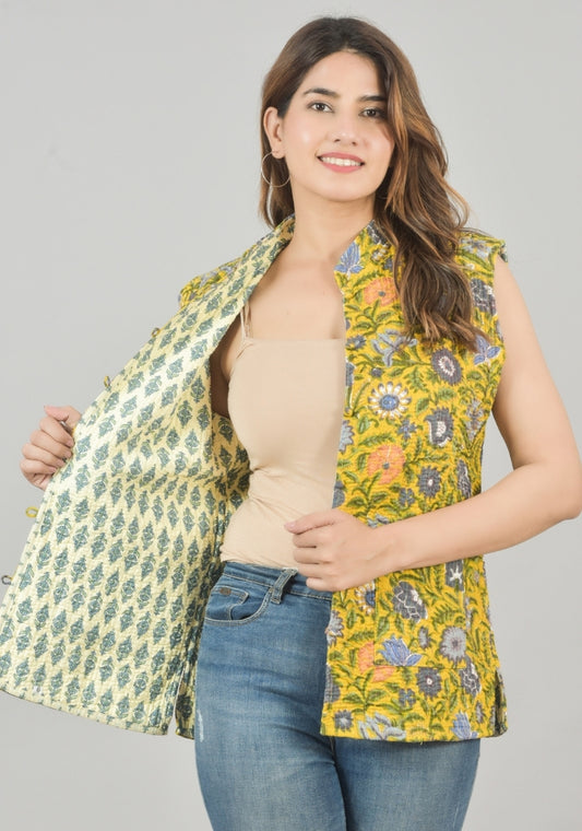 Reversible Cut Sleeves Cotton Block Printed Quilted Jacket Yellow and White-49247