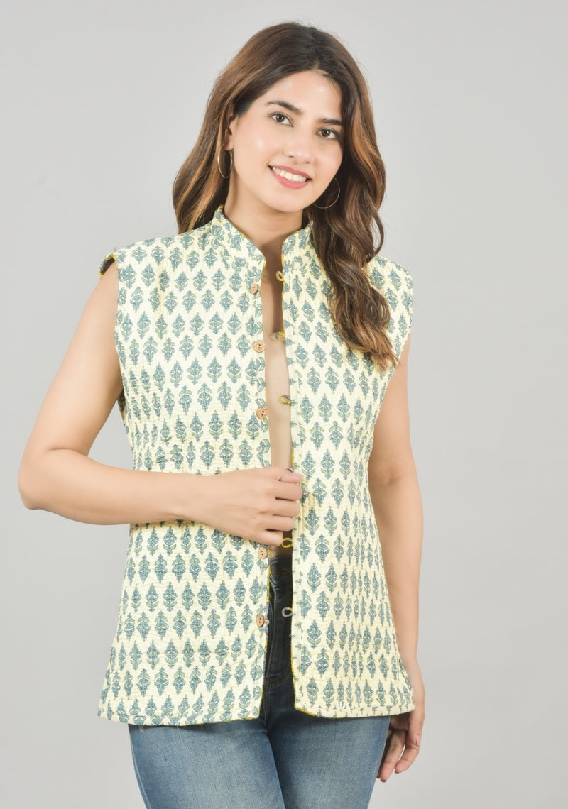 Reversible Cut Sleeves Cotton Block Printed Quilted Jacket Yellow and White-49247