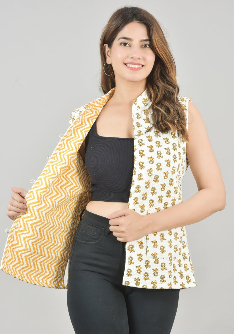 Reversible Cut Sleeves Cotton Block Printed Quilted Jacket Yellow and White-49255