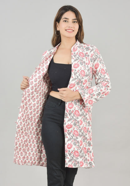 Reversible Full Sleeves Cotton Block Printed Quilted Bukhara Jacket Pink and White-49264