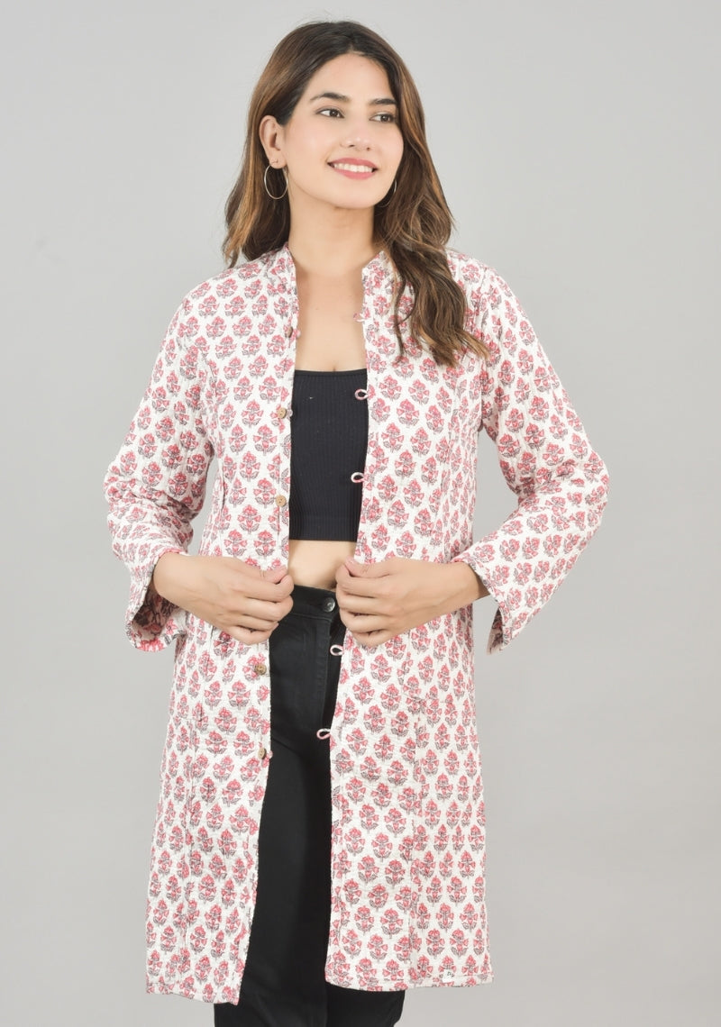 Reversible Full Sleeves Cotton Block Printed Quilted Bukhara Jacket Pink and White-49264