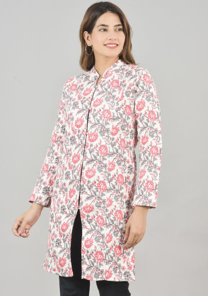 Reversible Full Sleeves Cotton Block Printed Quilted Bukhara Jacket Pink and White-49264