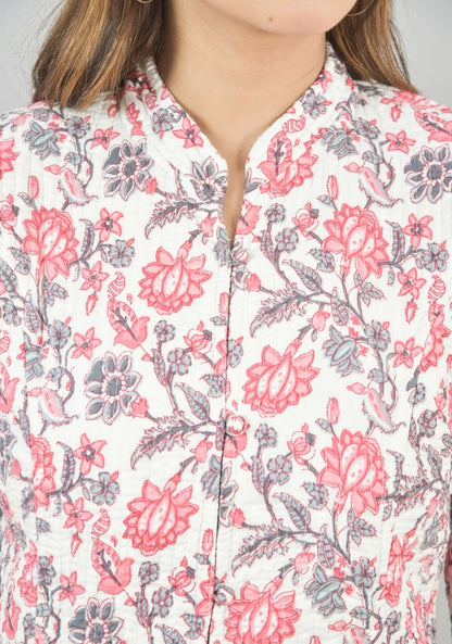 Reversible Full Sleeves Cotton Block Printed Quilted Bukhara Jacket Pink and White-49264