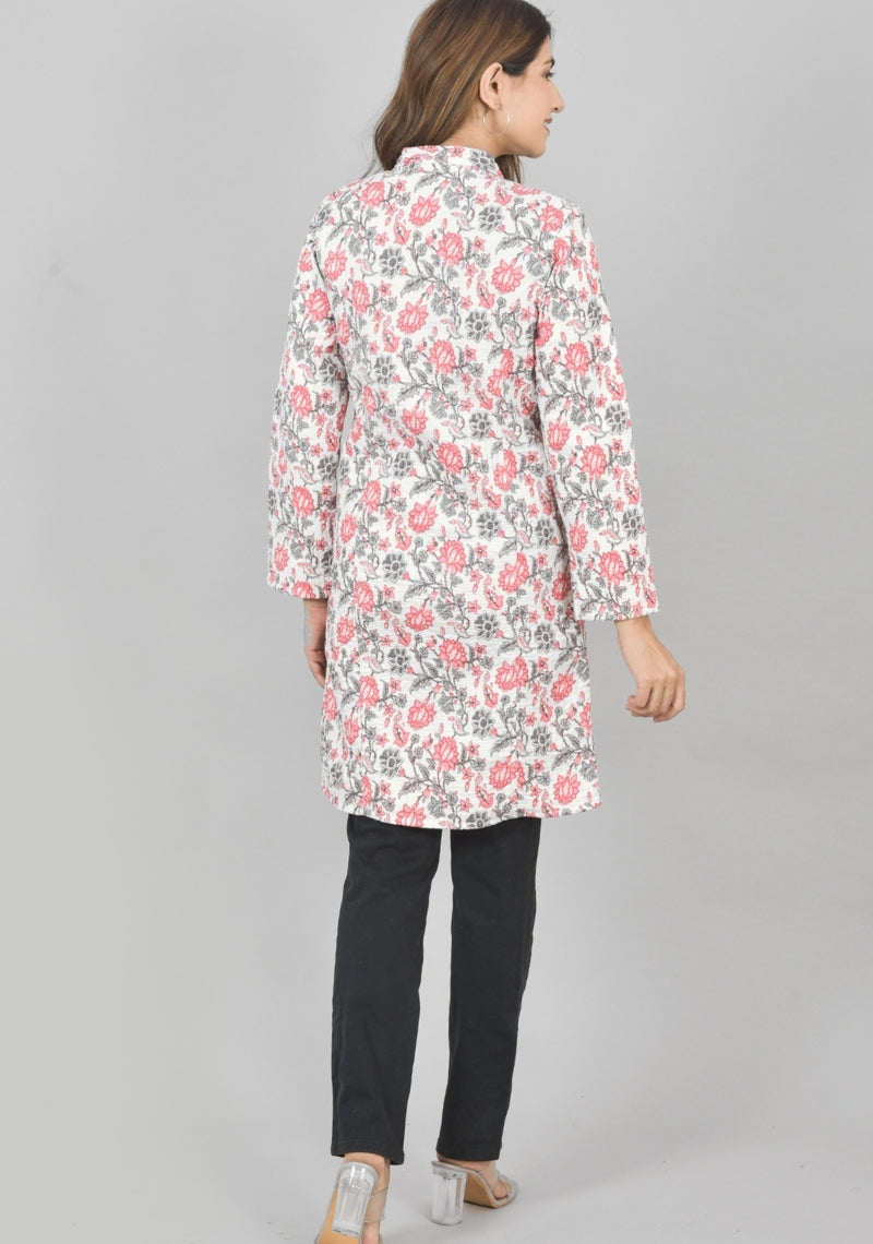 Reversible Full Sleeves Cotton Block Printed Quilted Bukhara Jacket Pink and White-49264