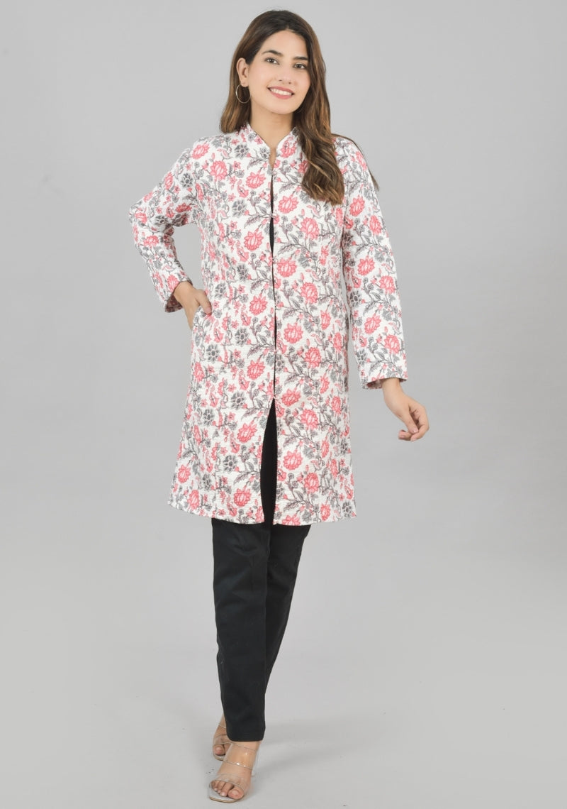 Reversible Full Sleeves Cotton Block Printed Quilted Bukhara Jacket Pink and White-49264