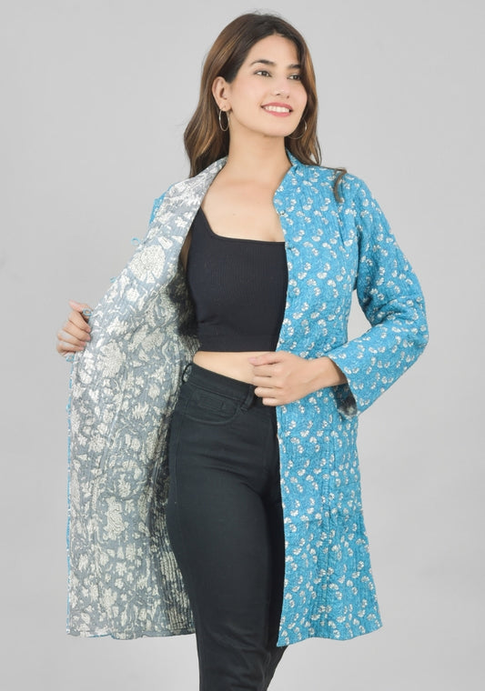 Reversible Full Sleeves Cotton Block Printed Quilted Bukhara Jacket Sky Blue and Gray-49265