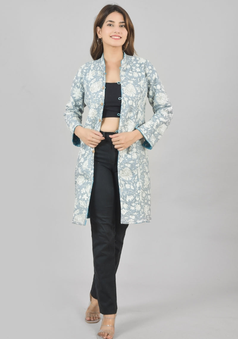 Reversible Full Sleeves Cotton Block Printed Quilted Bukhara Jacket Sky Blue and Gray-49265