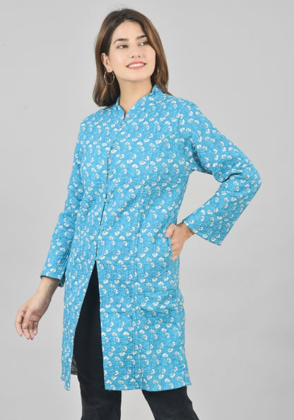 Reversible Full Sleeves Cotton Block Printed Quilted Bukhara Jacket Sky Blue and Gray-49265