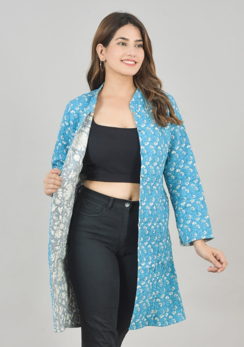 Reversible Full Sleeves Cotton Block Printed Quilted Bukhara Jacket Sky Blue and Gray-49265