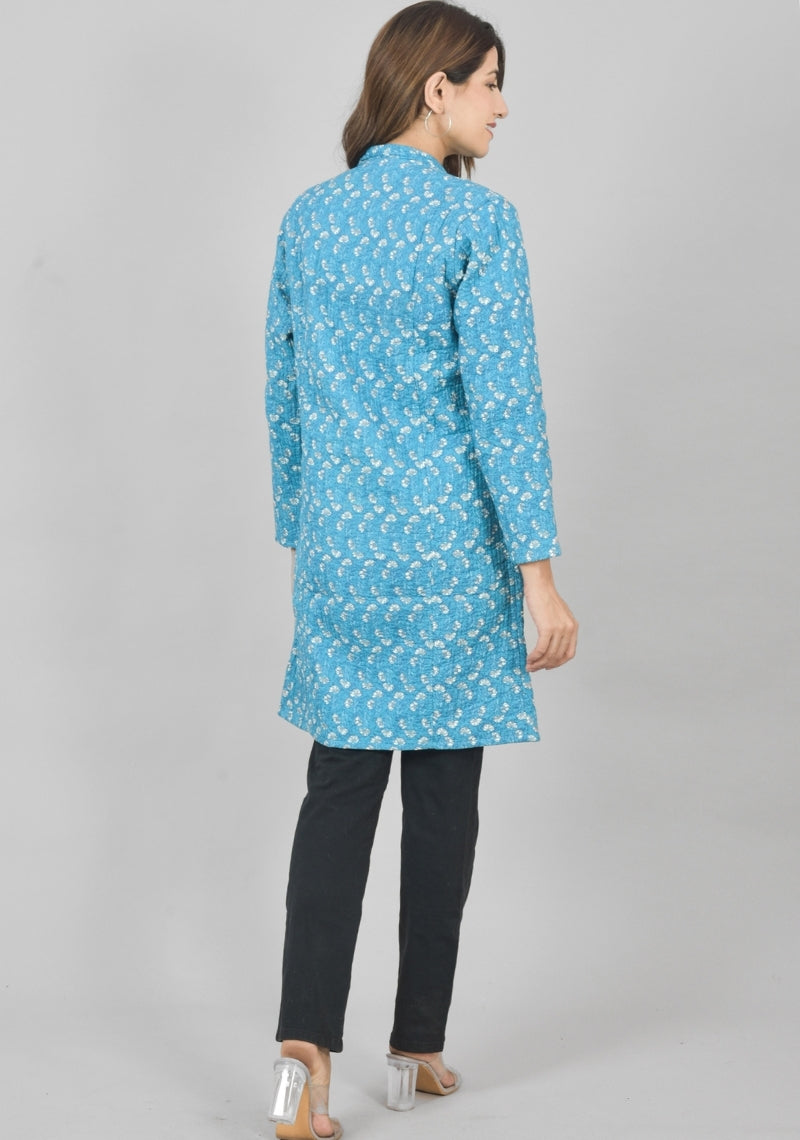 Reversible Full Sleeves Cotton Block Printed Quilted Bukhara Jacket Sky Blue and Gray-49265