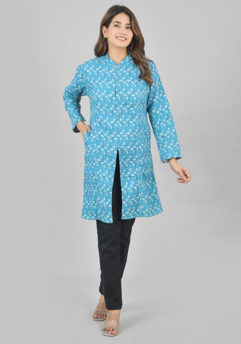 Reversible Full Sleeves Cotton Block Printed Quilted Bukhara Jacket Sky Blue and Gray-49265