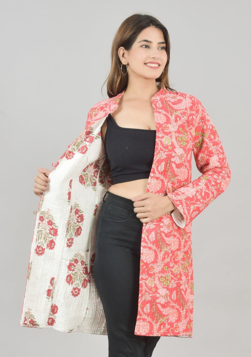 Reversible Full Sleeves Cotton Block Printed Quilted Bukhara Jacket White and Pink-49267