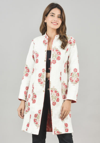 Reversible Full Sleeves Cotton Block Printed Quilted Bukhara Jacket White and Pink-49267