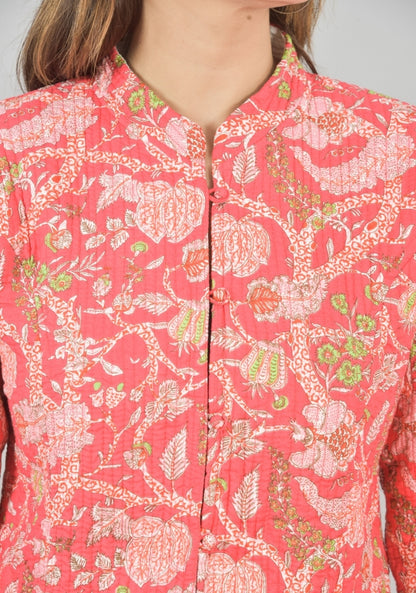 Reversible Full Sleeves Cotton Block Printed Quilted Bukhara Jacket White and Pink-49267