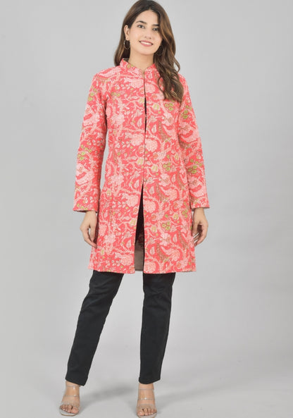 Reversible Full Sleeves Cotton Block Printed Quilted Bukhara Jacket White and Pink-49267