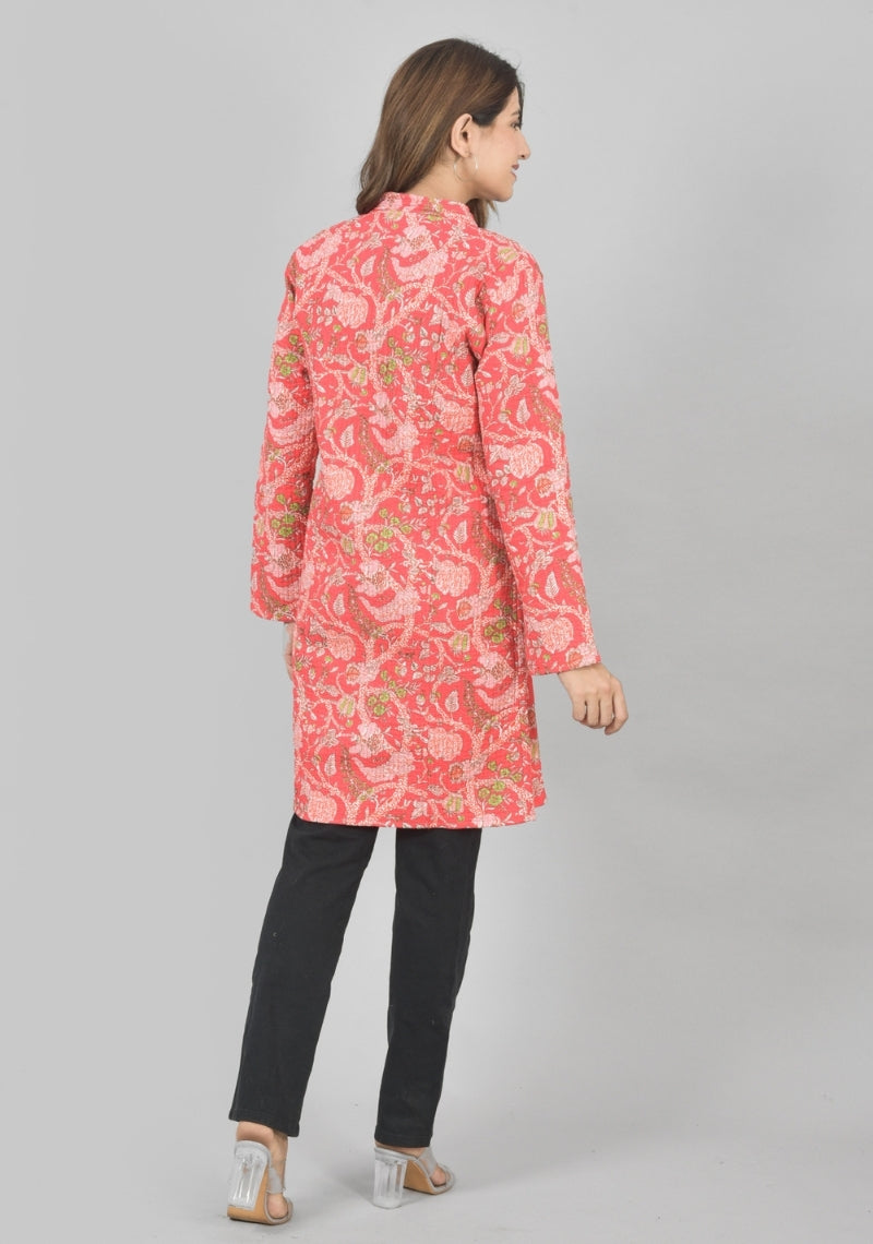 Reversible Full Sleeves Cotton Block Printed Quilted Bukhara Jacket White and Pink-49267