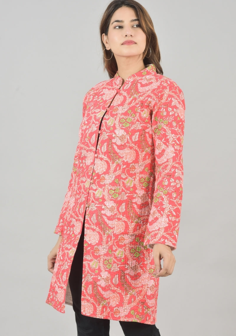 Reversible Full Sleeves Cotton Block Printed Quilted Bukhara Jacket White and Pink-49267