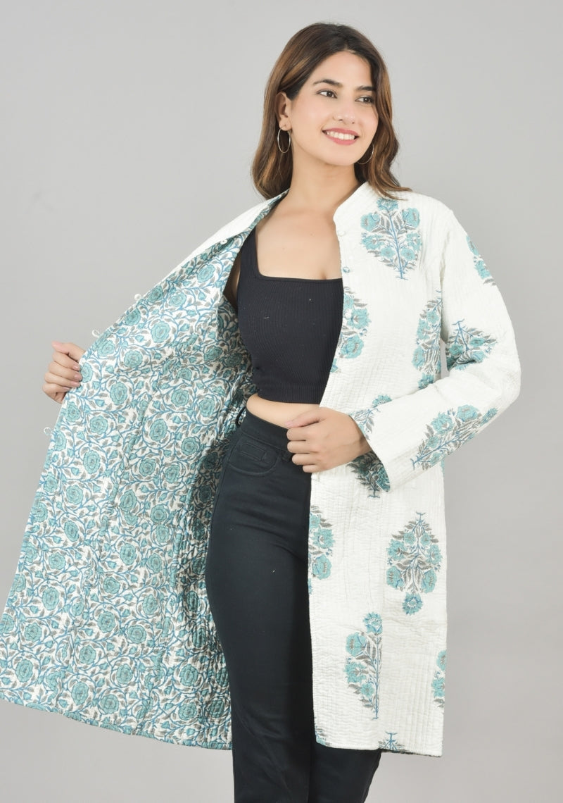 Reversible Full Sleeves Cotton Block Printed Quilted Bukhara Jacket White and Sky Blue-49266