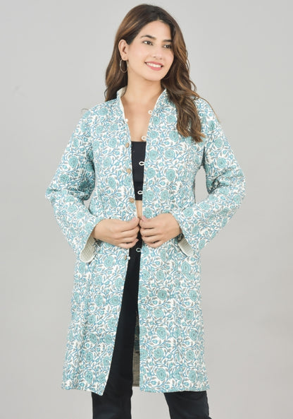 Reversible Full Sleeves Cotton Block Printed Quilted Bukhara Jacket White and Sky Blue-49266