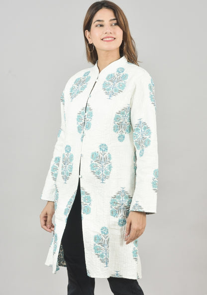 Reversible Full Sleeves Cotton Block Printed Quilted Bukhara Jacket White and Sky Blue-49266