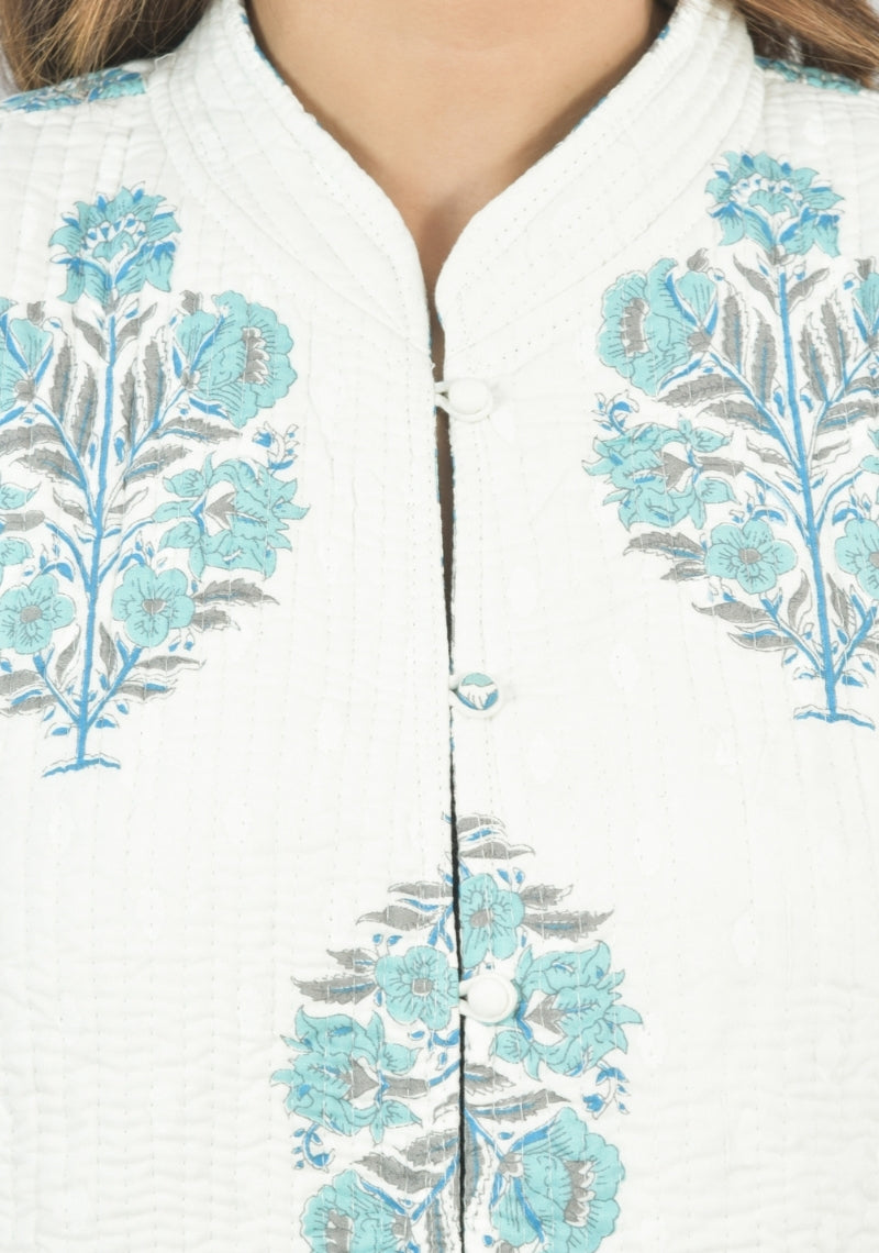 Reversible Full Sleeves Cotton Block Printed Quilted Bukhara Jacket White and Sky Blue-49266