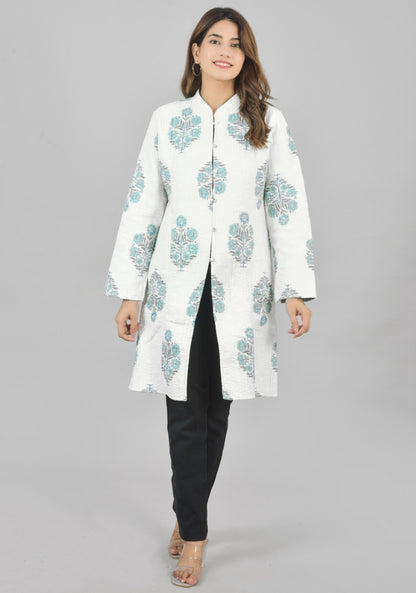 Reversible Full Sleeves Cotton Block Printed Quilted Bukhara Jacket White and Sky Blue-49266