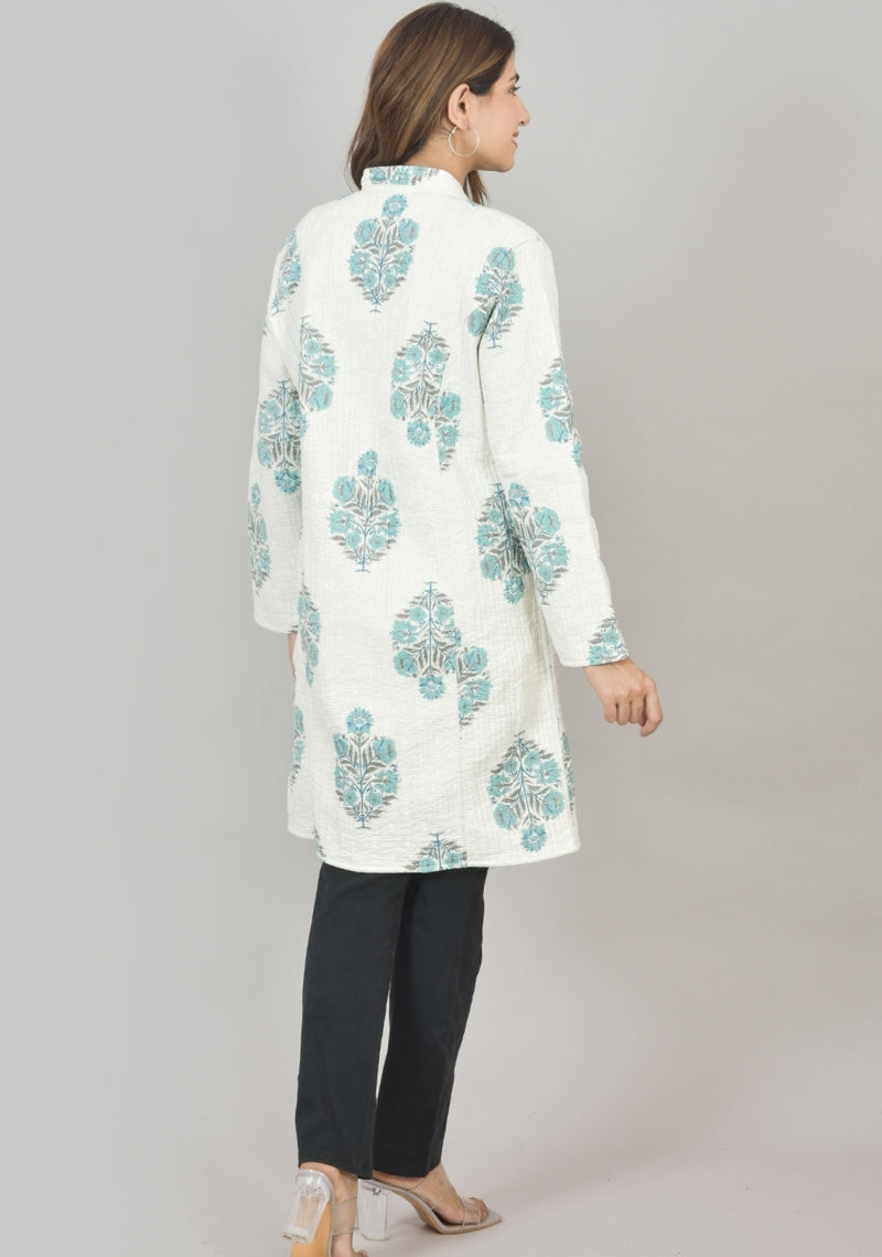 Reversible Full Sleeves Cotton Block Printed Quilted Bukhara Jacket White and Sky Blue-49266