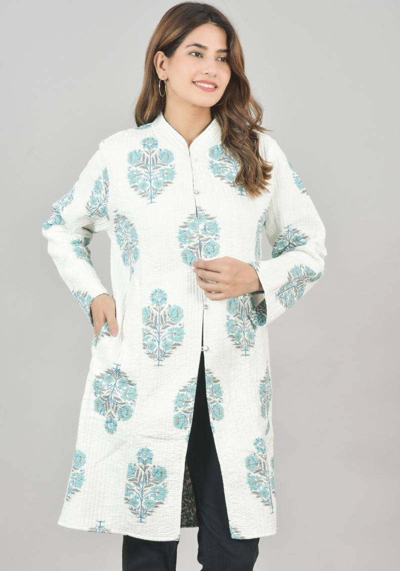 Reversible Full Sleeves Cotton Block Printed Quilted Bukhara Jacket White and Sky Blue-49266