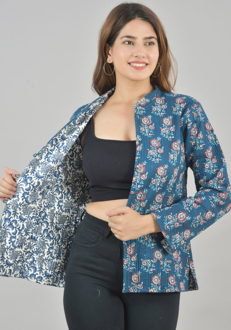 Reversible Full Sleeves Cotton Block Printed Quilted Jacket Blue and White-49239