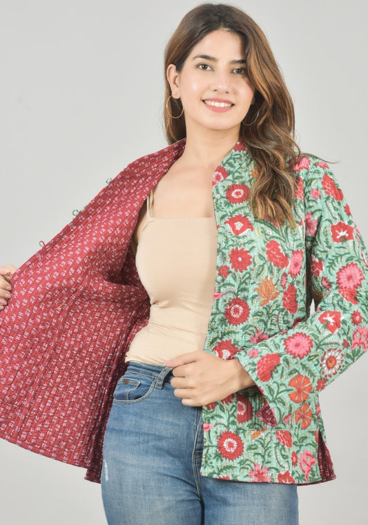 Reversible Full Sleeves Cotton Block Printed Quilted Jacket Green and Red-49229