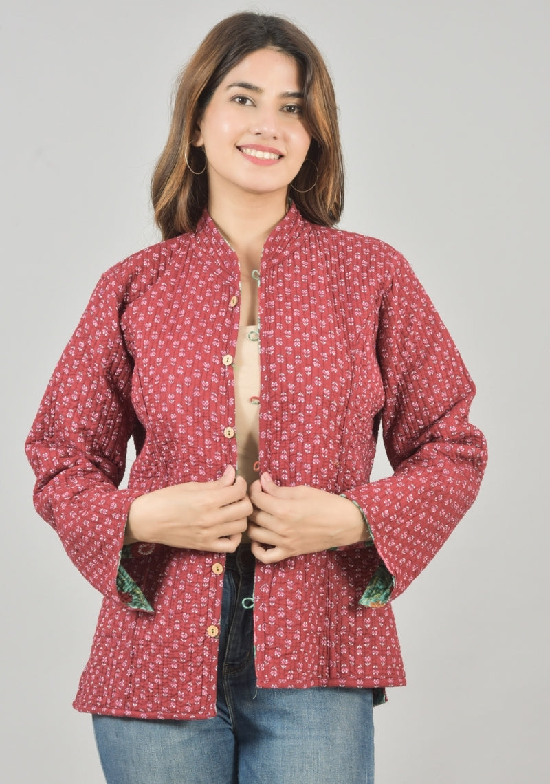 Reversible Full Sleeves Cotton Block Printed Quilted Jacket Green and Red-49229