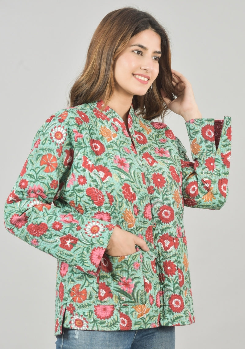 Reversible Full Sleeves Cotton Block Printed Quilted Jacket Green and Red-49229
