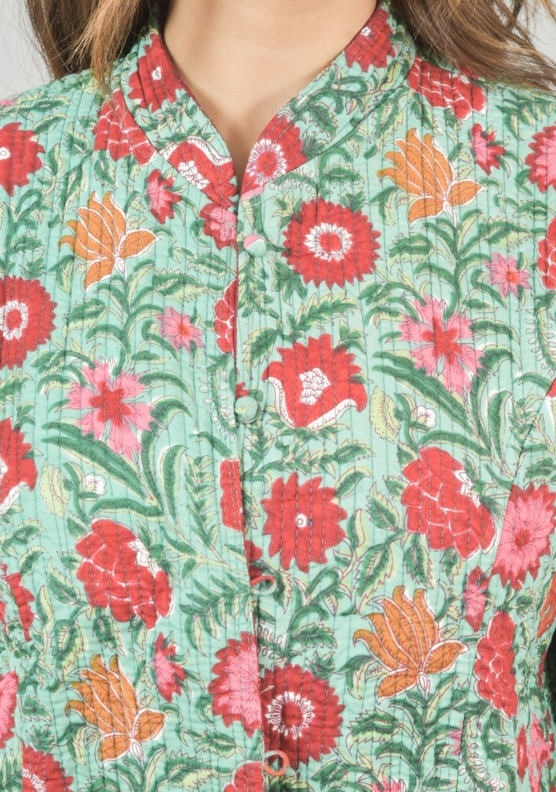 Reversible Full Sleeves Cotton Block Printed Quilted Jacket Green and Red-49229