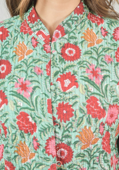 Reversible Full Sleeves Cotton Block Printed Quilted Jacket Green and Red-49229