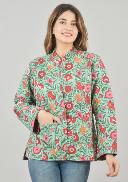 Reversible Full Sleeves Cotton Block Printed Quilted Jacket Green and Red-49229