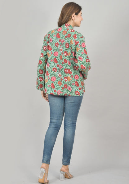 Reversible Full Sleeves Cotton Block Printed Quilted Jacket Green and Red-49229