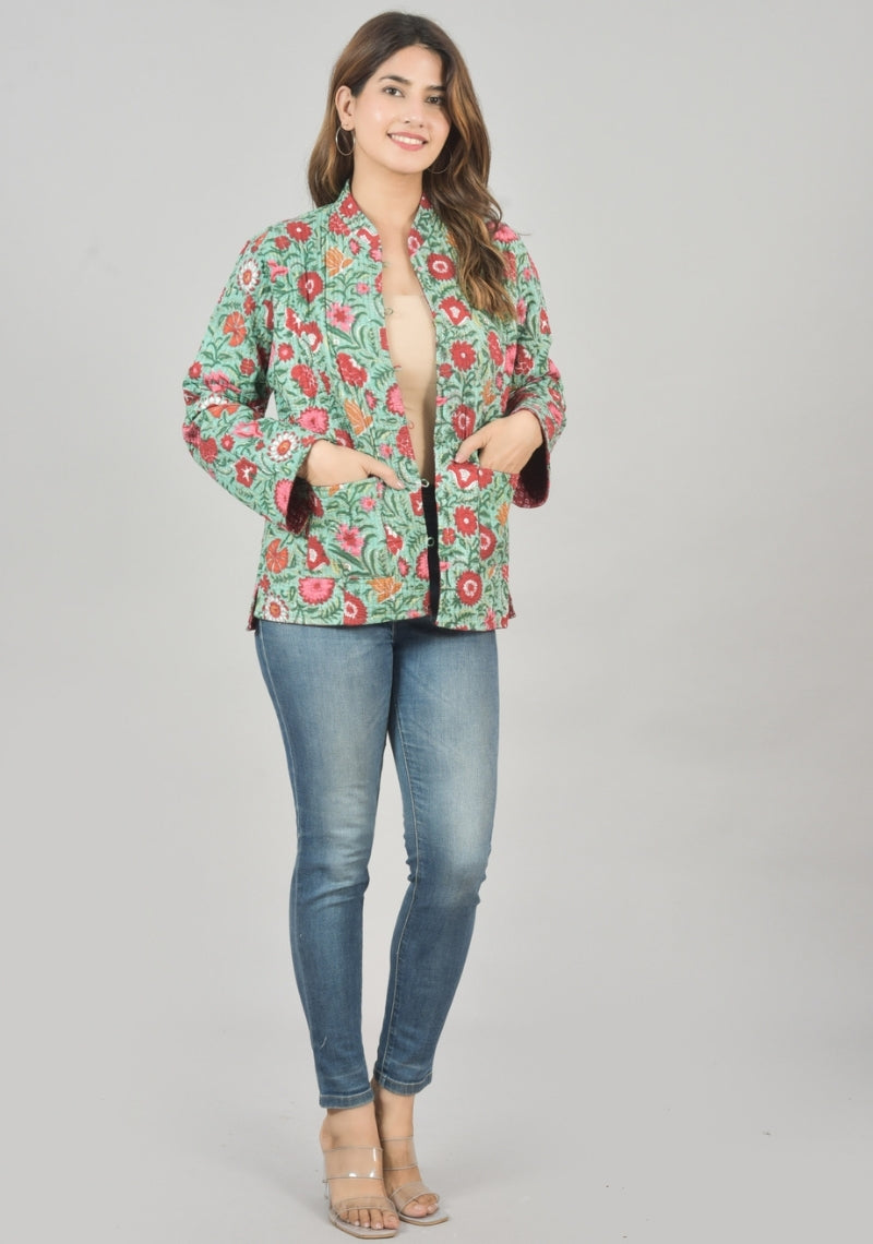 Reversible Full Sleeves Cotton Block Printed Quilted Jacket Green and Red-49229