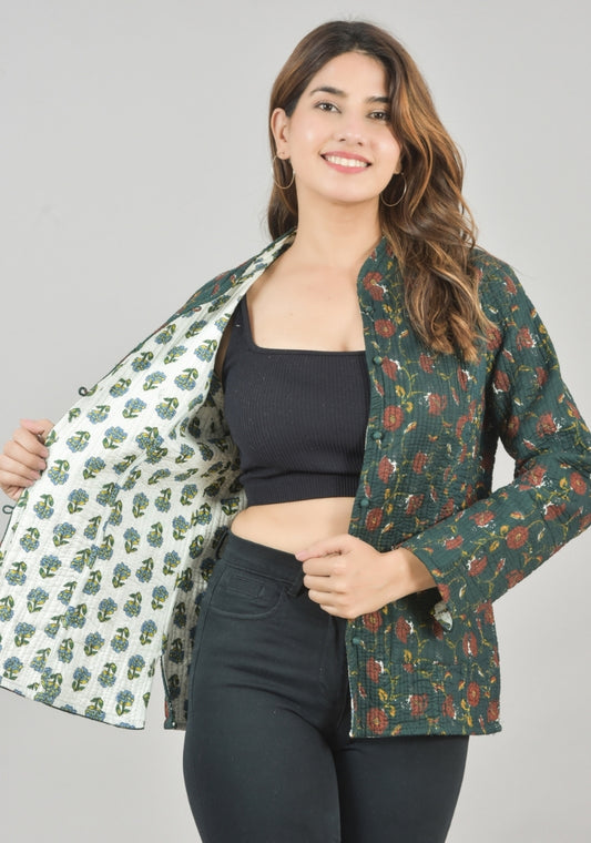 Reversible Full Sleeves Cotton Block Printed Quilted Jacket Green and White-49232