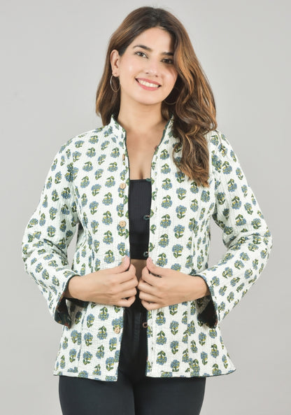 Reversible Full Sleeves Cotton Block Printed Quilted Jacket Green and White-49232