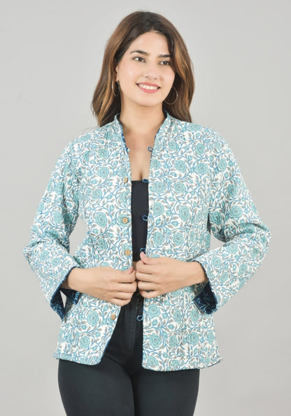 Reversible Full Sleeves Cotton Block Printed Quilted Jacket Navy Blue and White-49241