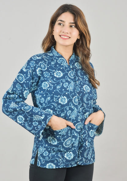 Reversible Full Sleeves Cotton Block Printed Quilted Jacket Navy Blue and White-49241