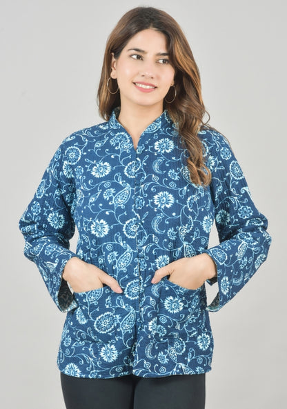 Reversible Full Sleeves Cotton Block Printed Quilted Jacket Navy Blue and White-49241