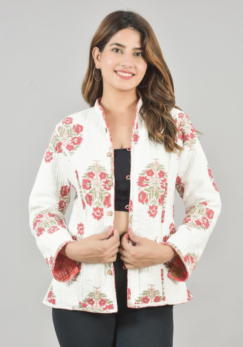 Reversible Full Sleeves Cotton Block Printed Quilted Jacket Pink and White-49234