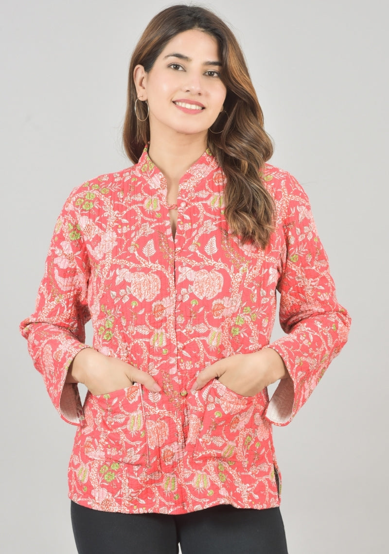 Reversible Full Sleeves Cotton Block Printed Quilted Jacket Pink and White-49234