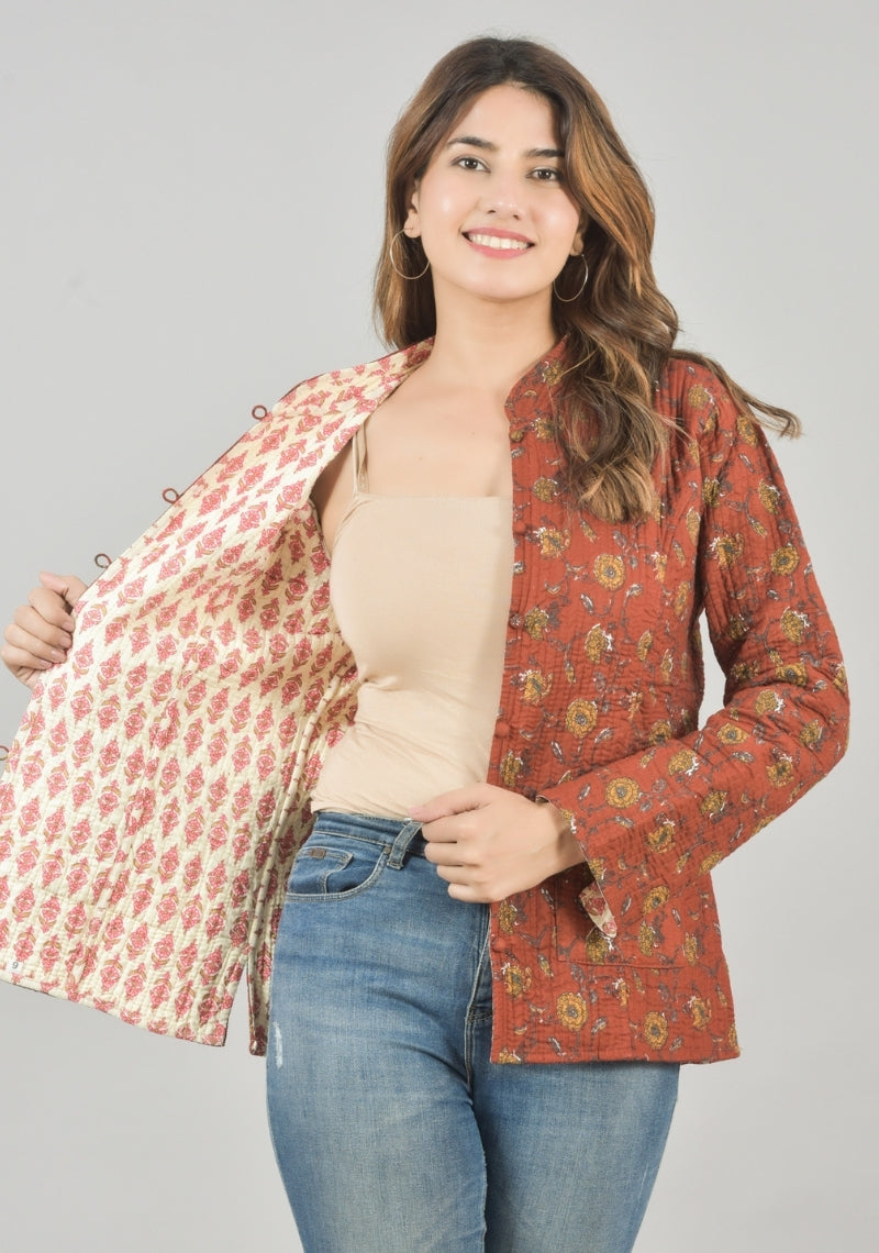 Reversible Full Sleeves Cotton Block Printed Quilted Jacket Red and Peach-49230