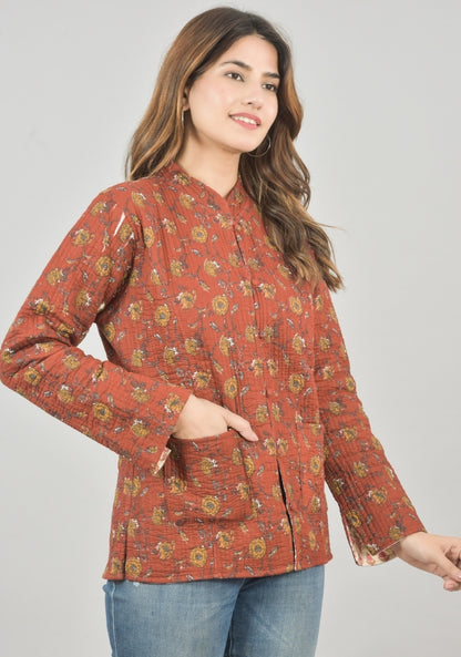 Reversible Full Sleeves Cotton Block Printed Quilted Jacket Red and Peach-49230