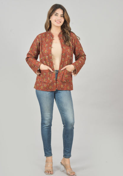 Reversible Full Sleeves Cotton Block Printed Quilted Jacket Red and Peach-49230