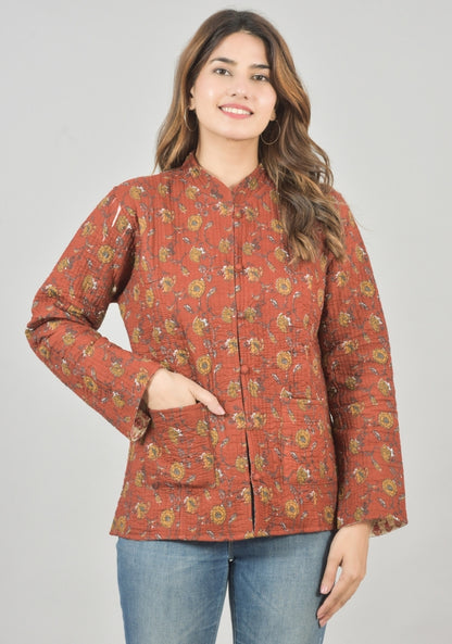 Reversible Full Sleeves Cotton Block Printed Quilted Jacket Red and Peach-49230