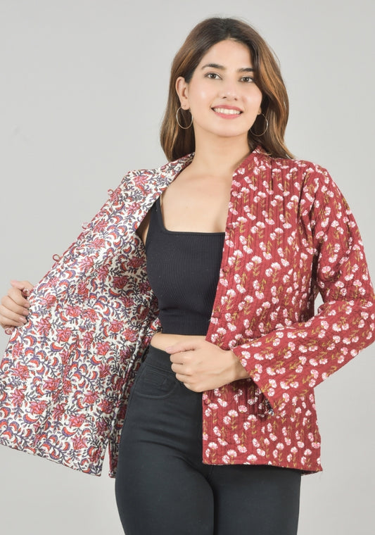 Reversible Full Sleeves Cotton Block Printed Quilted Jacket Red and White-49231